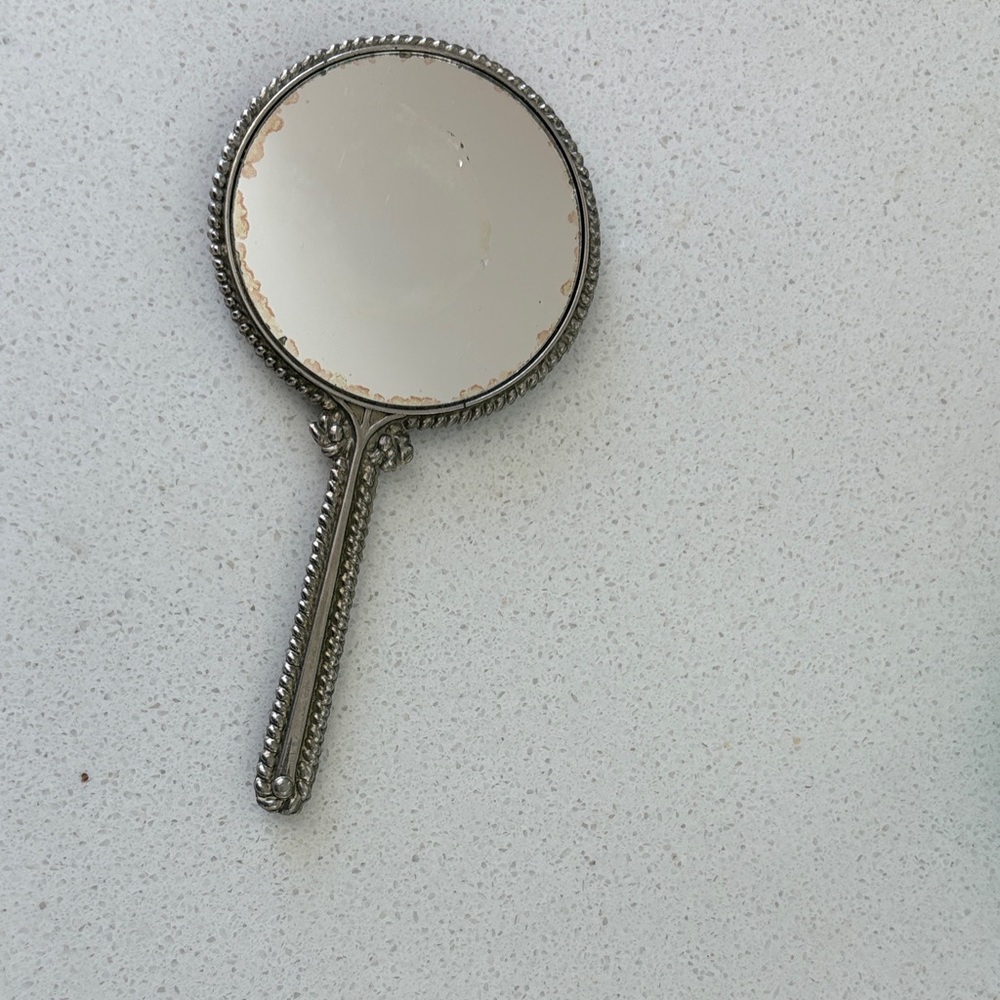 Vintage Silver Handheld Mirror - Ornate Beaded Frame